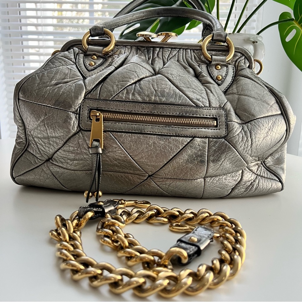 *SOLD* MARC JACOBS Stam Kisslock Silver Metallic Quilted Leather Satchel